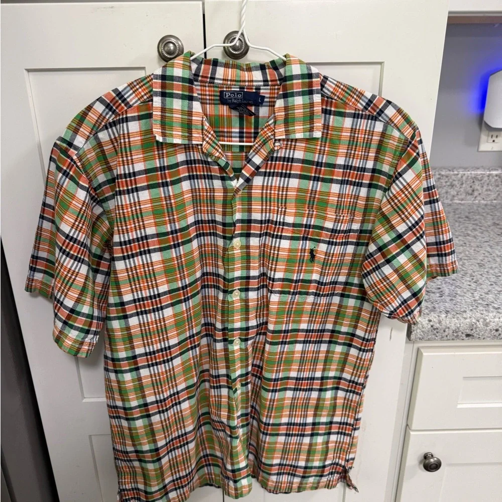 Ralph Lauren Orange, Green & White Plaid Short-Sleeve Button-Down Shirt